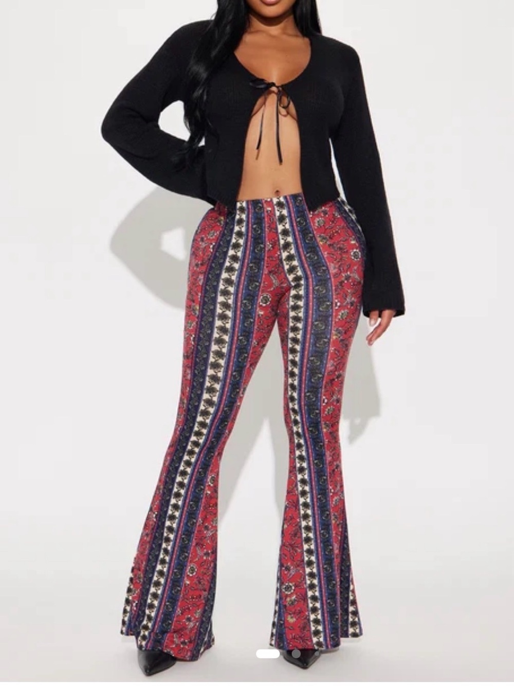 Fashion Nova Navy Top with Red Patterned Wide-Leg Pants